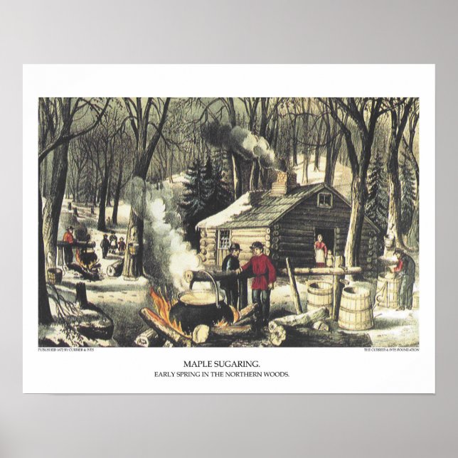 Currier & Ives Lithograph: Maple Sugaring Poster (Front)