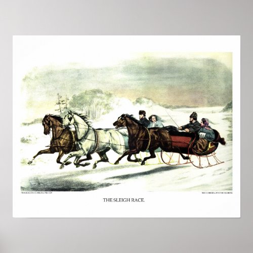 Currier  Ives Lithograph The Sleigh Race Poster