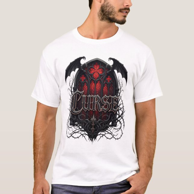 Curse – Gothic Church Window Dark Fantasy Design T-Shirt (Front)