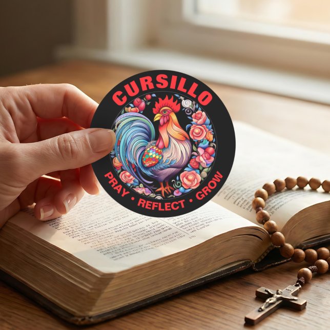 Cursillo Rooster with Roses Pray Reflect Grow Classic Round Sticker (Creator Uploaded)