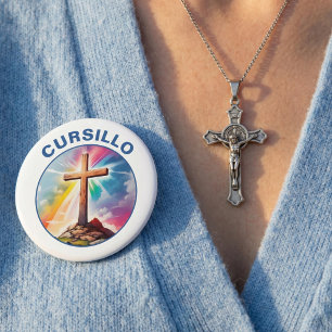 Cursillo Wood Cross With Rainbow and Clouds Button