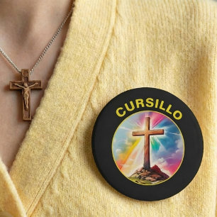 Cursillo Wood Cross With Rainbow and Clouds Button