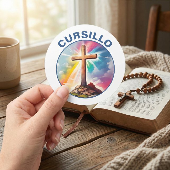 Cursillo Wood Cross With Rainbow and Clouds Classic Round Sticker (Creator Uploaded)
