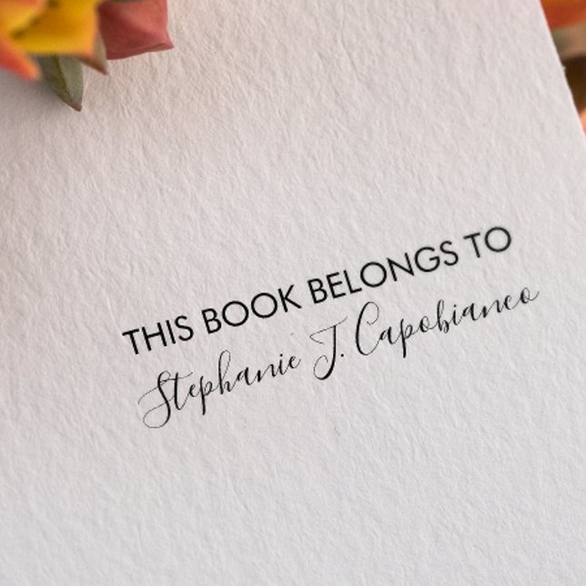 CURSIVE ELEGANT THIS BOOK BELONGS TO ADD YOUR NAME SELF-INKING STAMP (Cursive Elegant stamp for bookplate with mixed serif and signature-like font)