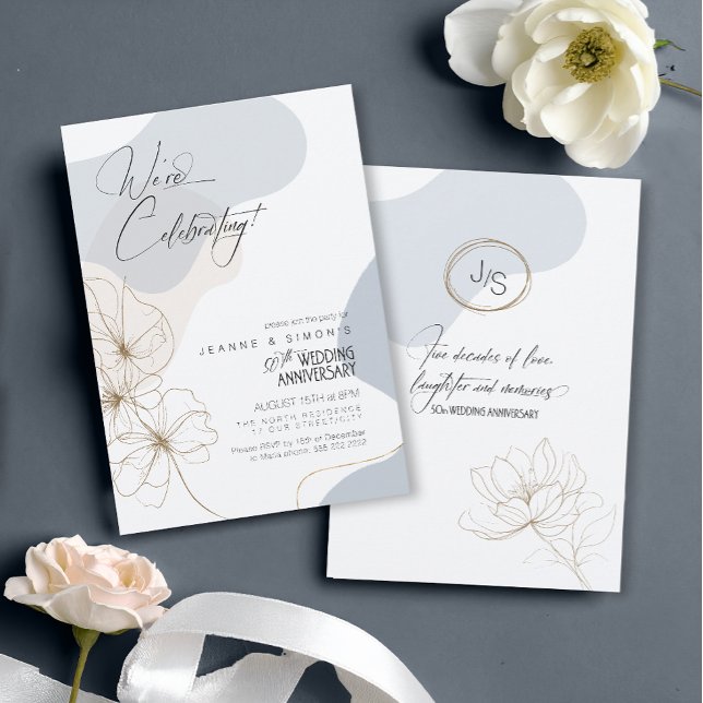 Cursive Floral 50th Anniversary Dusty Blue ID1168 Invitation (Creator Uploaded)