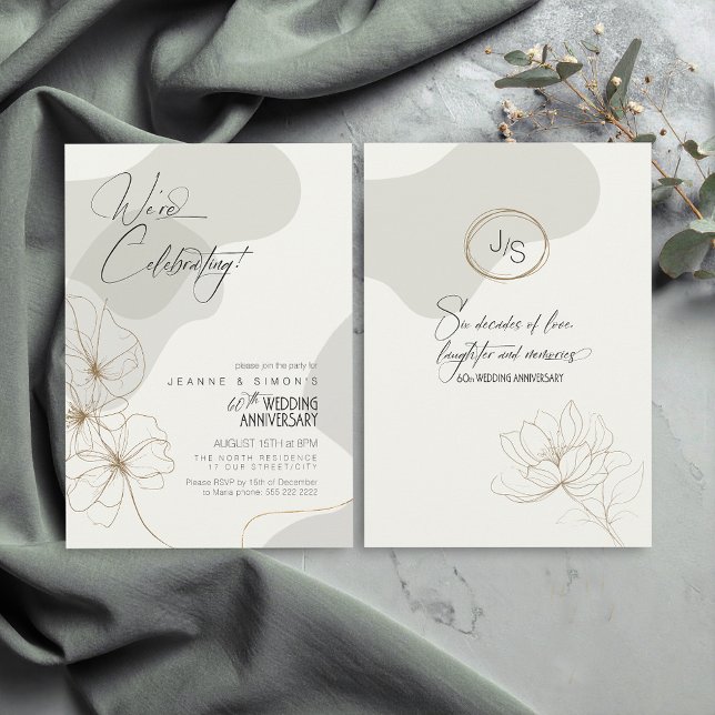 Cursive Floral 60th Anniversary Neutrals ID1168 Invitation (Creator Uploaded)