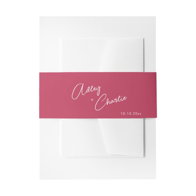 Cursive Font Viva Magenta and White Wedding Invitation Belly Band (Front Example)
