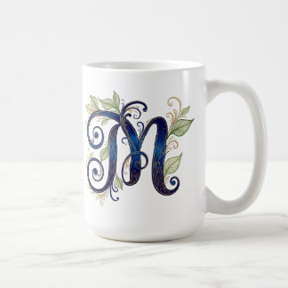 Cursive M – Elegant Blue & Gold Monogram Coffee Mug