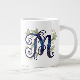 Cursive M – Elegant Blue & Gold Monogram Giant Coffee Mug