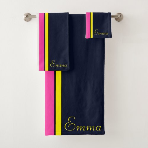 Cursive Navy Yellow And Hot Pink Striped  Bath Towel Set