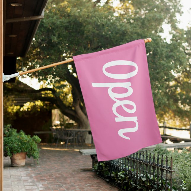 CURSIVE PINK OPEN SIGN FLAG (In SItu)