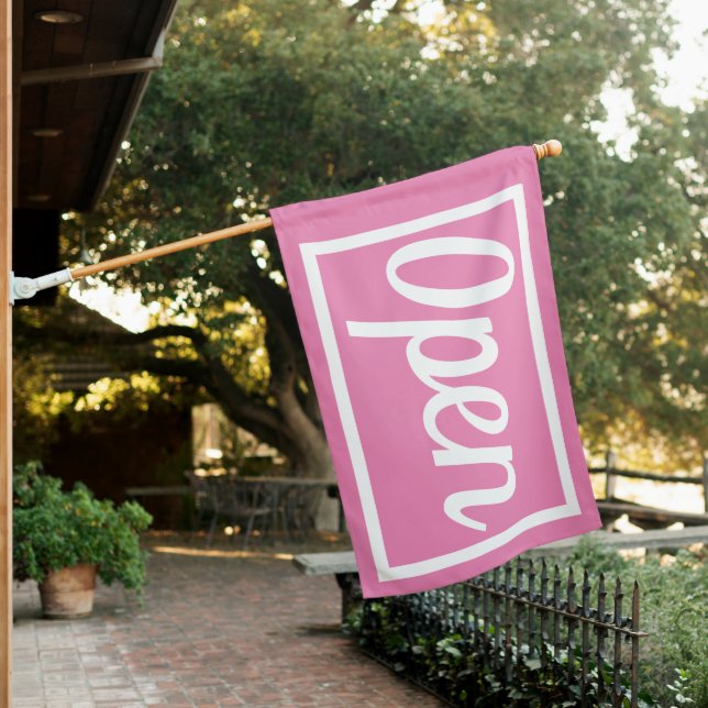 CURSIVE PINK OPEN SIGN FLAG (In SItu)
