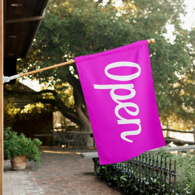CURSIVE PINK OPEN SIGN FLAG (In SItu)