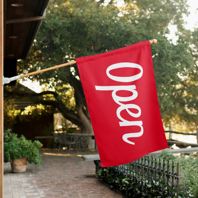 CURSIVE RED OPEN SIGN FLAG (In SItu)