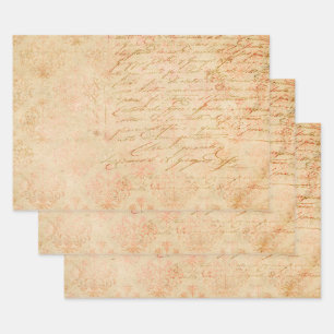 Cursive Script and Filigree on Tan Wrapping Paper Sheets