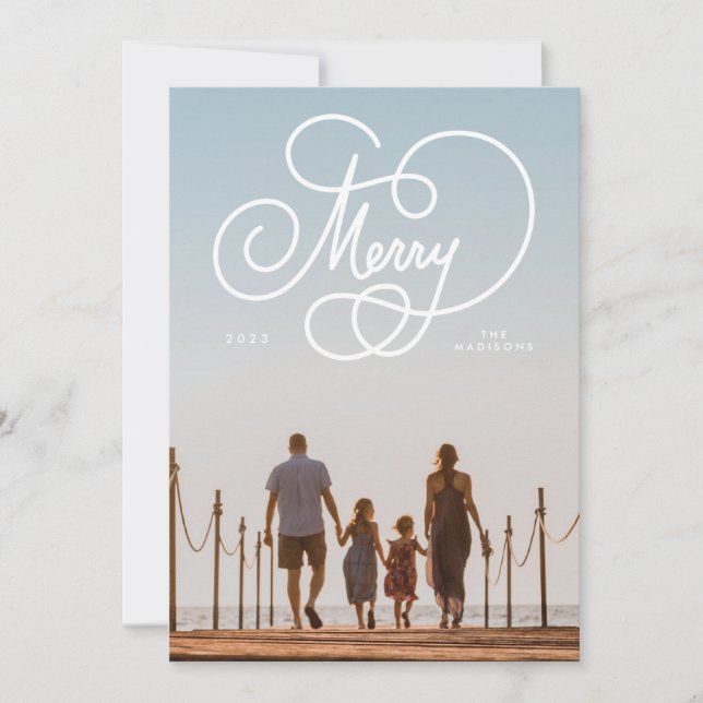 Cursive Script Merry Flourish Full Photo Holiday Card (Front)