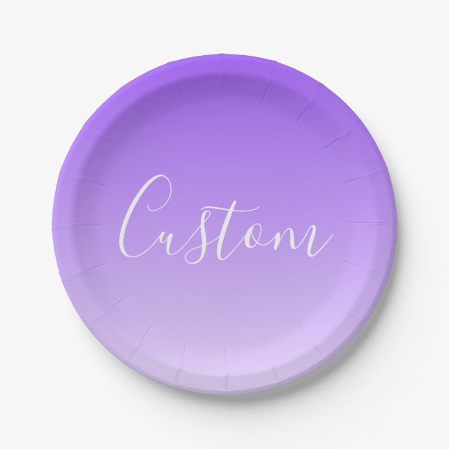 Cursive Script Name & Editable Light Purple Ombre  Paper Plates (Front)
