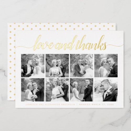 Cursive script Thank You eight photo collage gold Foil Holiday Card
