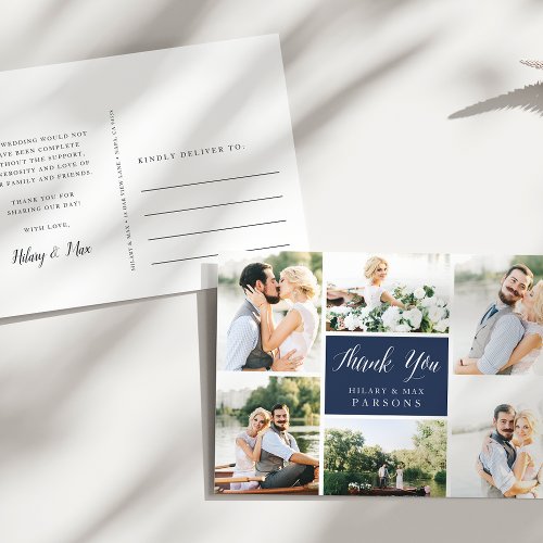 Cursive  Wedding Photo Collage Thank You Postcard