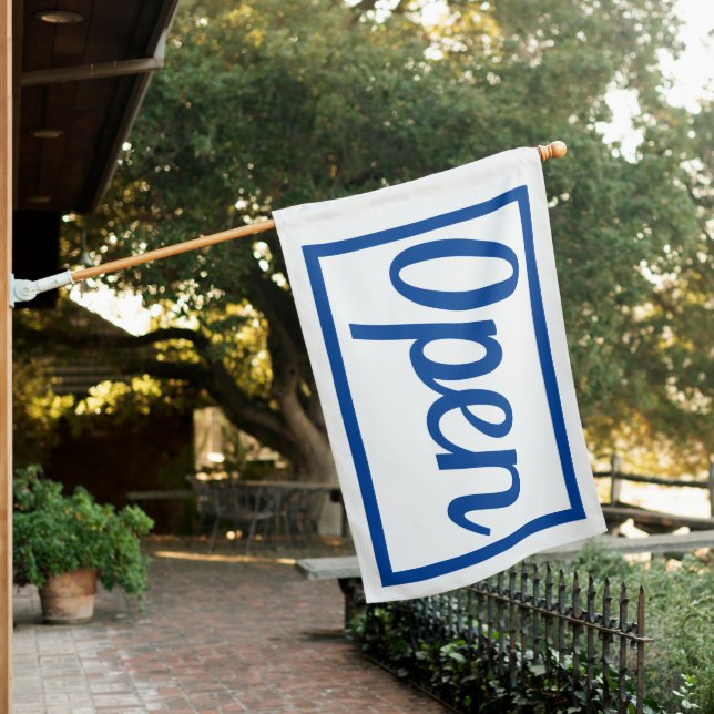 CURSIVE WHITE OPEN SIGN FLAG (In SItu)
