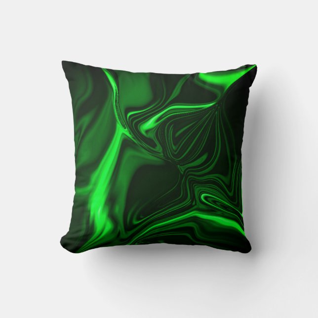 Curvas e dobras verde niquelado em fundo escuro. throw pillow (Front)