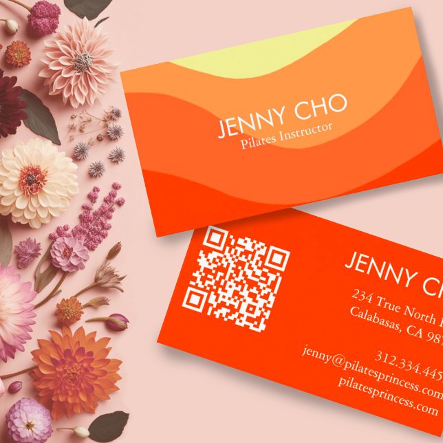 Curve Stripe Retro Abstract Minimal Modern Orange Business Card (Bright orange and yellow curvy stripes business cards with QR codes)