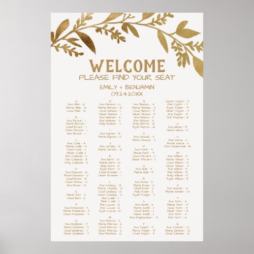 Curved Branch Gold Alphabetical Seating Chart