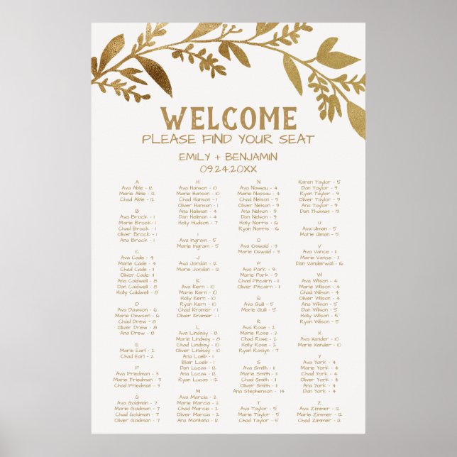 Curved Branch Gold Alphabetical Seating Chart (Front)