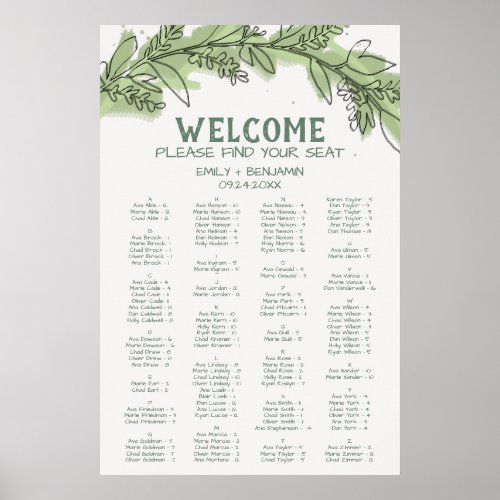 Curved Branch Greenery Alphabetical Seating Chart