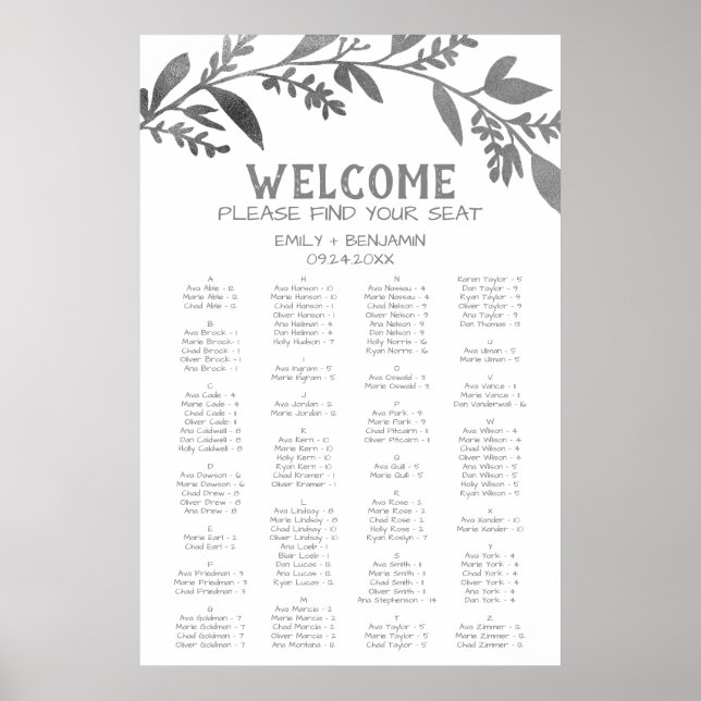 Curved Branch Silver Alphabetical Seating Chart (Front)