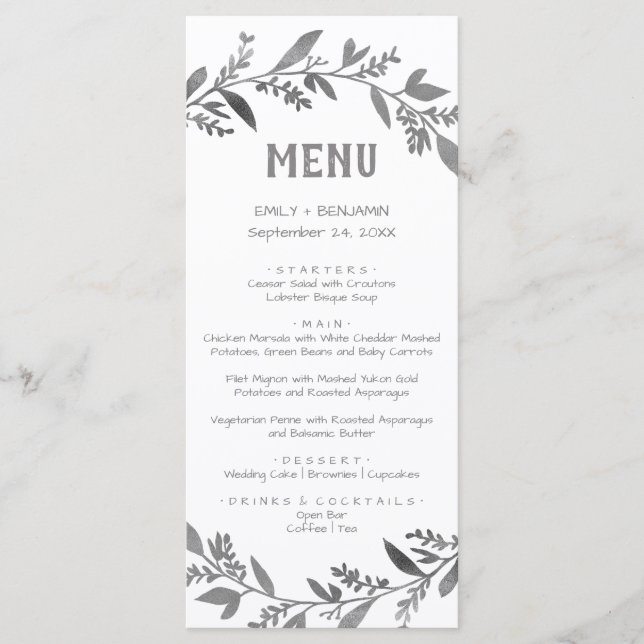 Curved Branches | Silver Dinner Menu Card (Front)