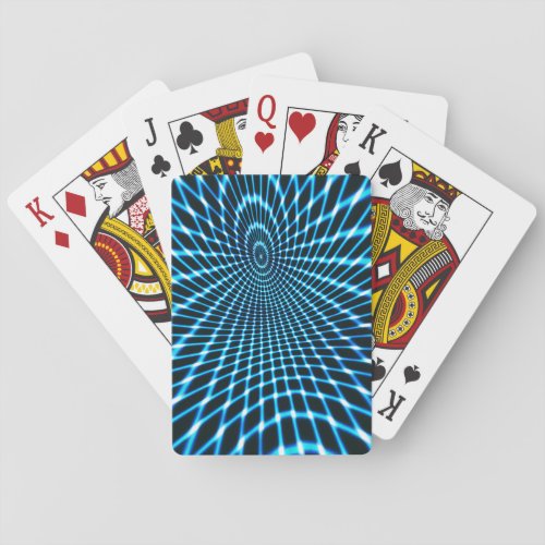 Curved crossed lines forming deep circle over blue playing cards