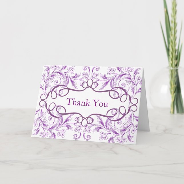 Curved Flowers Purple Background Thank You Card (Front)