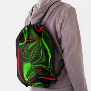 Curved green and red strokes upon dark background drawstring bag