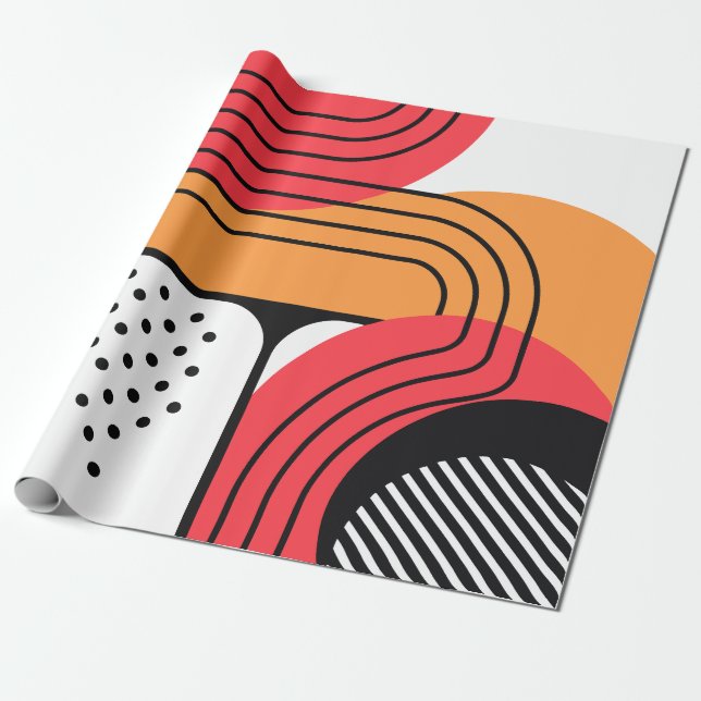 Curved Line with Red & Orange Geometric Shapes Wrapping Paper (Unrolled)
