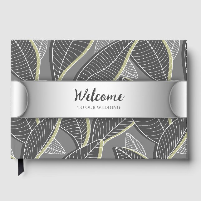 Curved lines Branches Leaves Grey G626 Foil Guest Book (Front)
