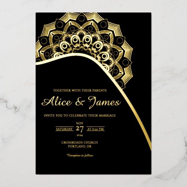 Curved Mandala Elegant Black Gold Foil Wedding Invitation (Front)