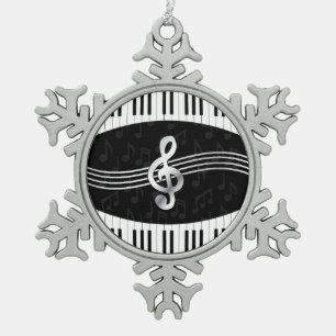 Curved Piano keys and treble clef Snowflake Pewter Christmas Ornament