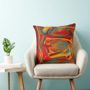 Curved staines in scratched orange to red on gray throw pillow
