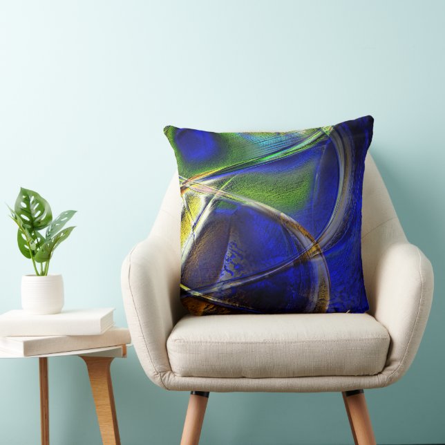 Curved strokes over sepia to green and blue rind throw pillow (Chair)