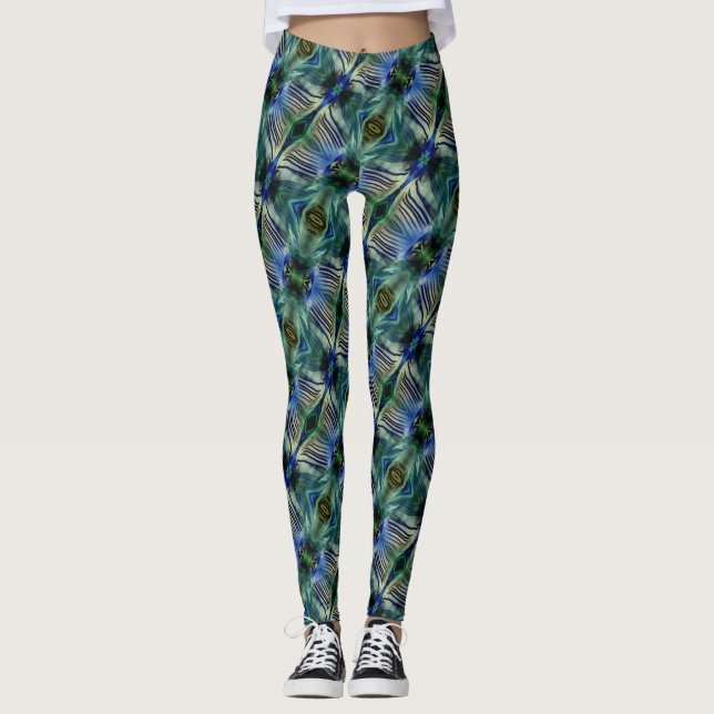 Curved transverse stripes in showy green and blue  leggings (Front)