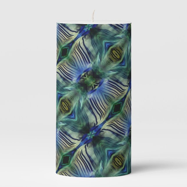 Curved transverse stripes in showy green and blue  pillar candle (Front)