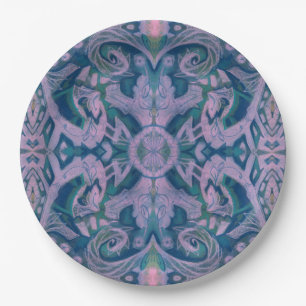 Curves & Lotuses, abstract floral, lavender & blue Paper Plates