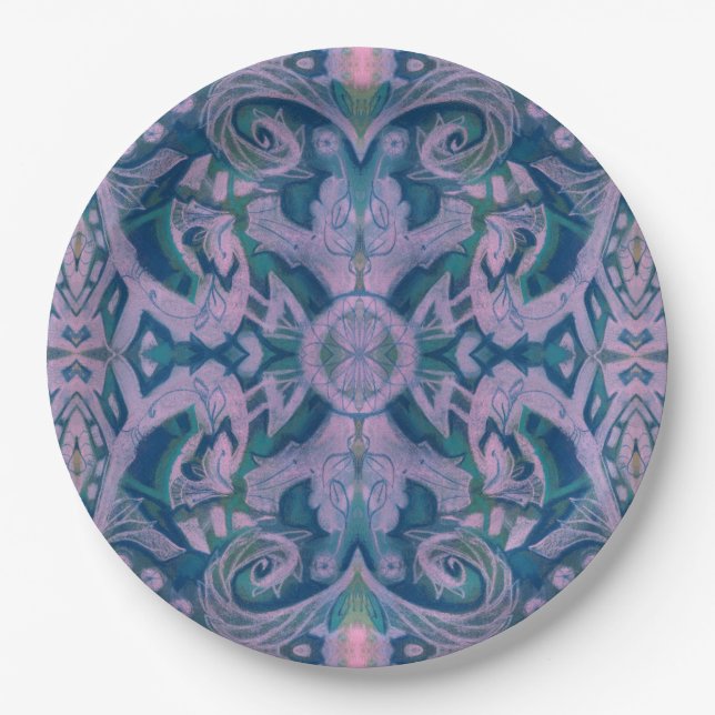 Curves & Lotuses, abstract floral, lavender & blue Paper Plates (Front)