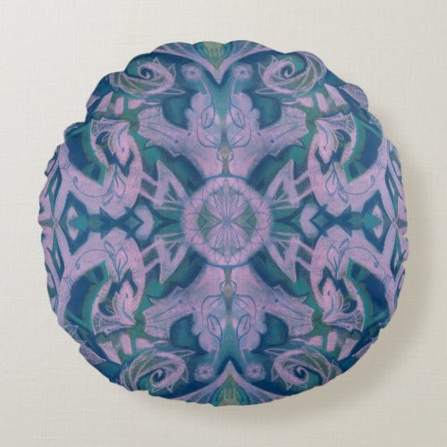 Curves  Lotuses abstract floral lavender  blue Round Pillow