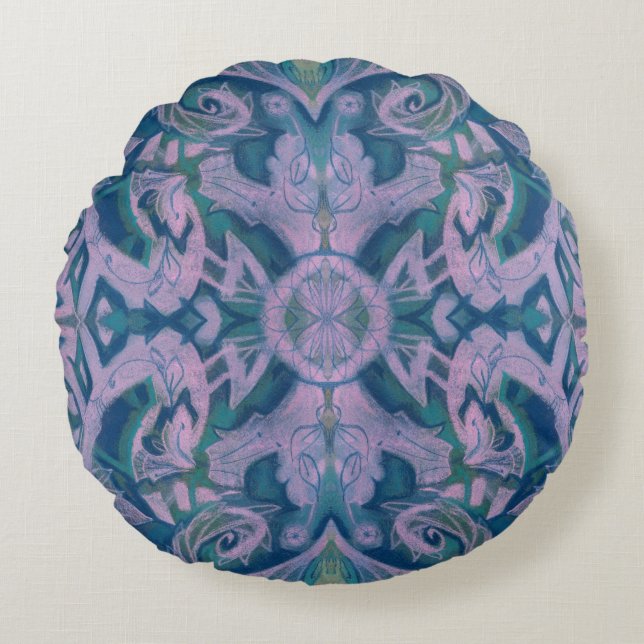 Curves & Lotuses, abstract floral, lavender & blue Round Pillow (Front)