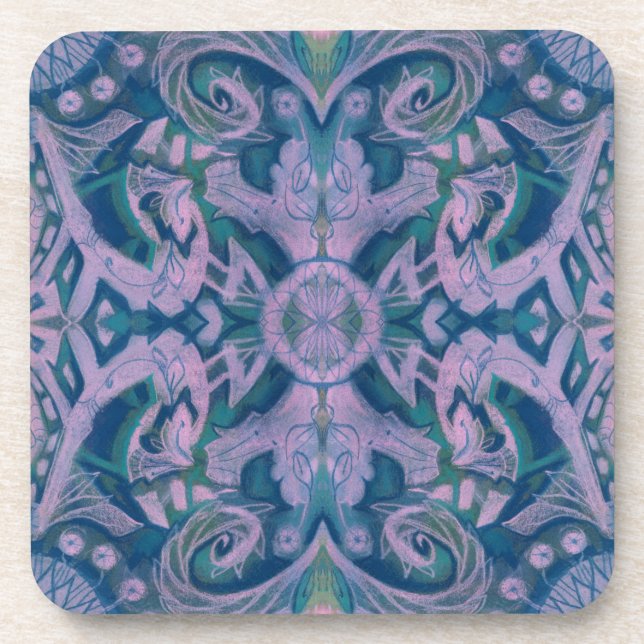 Curves & Lotuses, abstract pattern lavender & blue Beverage Coaster (Front)