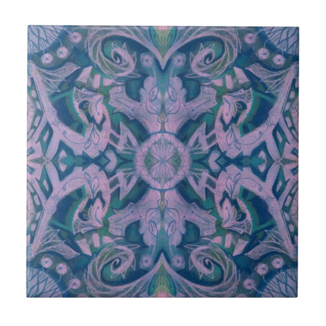 Curves & Lotuses, abstract pattern lavender & blue Ceramic Tile (Front)