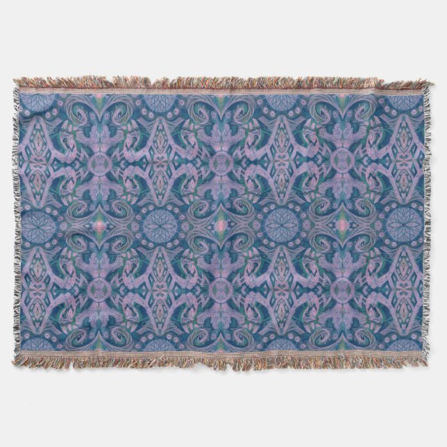 Curves & Lotuses, abstract pattern lavender & blue Throw Blanket (Front)