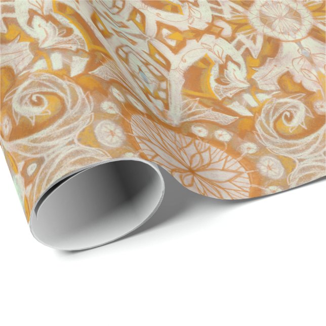 Curves & lotuses, damask pattern, vanilla & yellow wrapping paper (Roll Corner)
